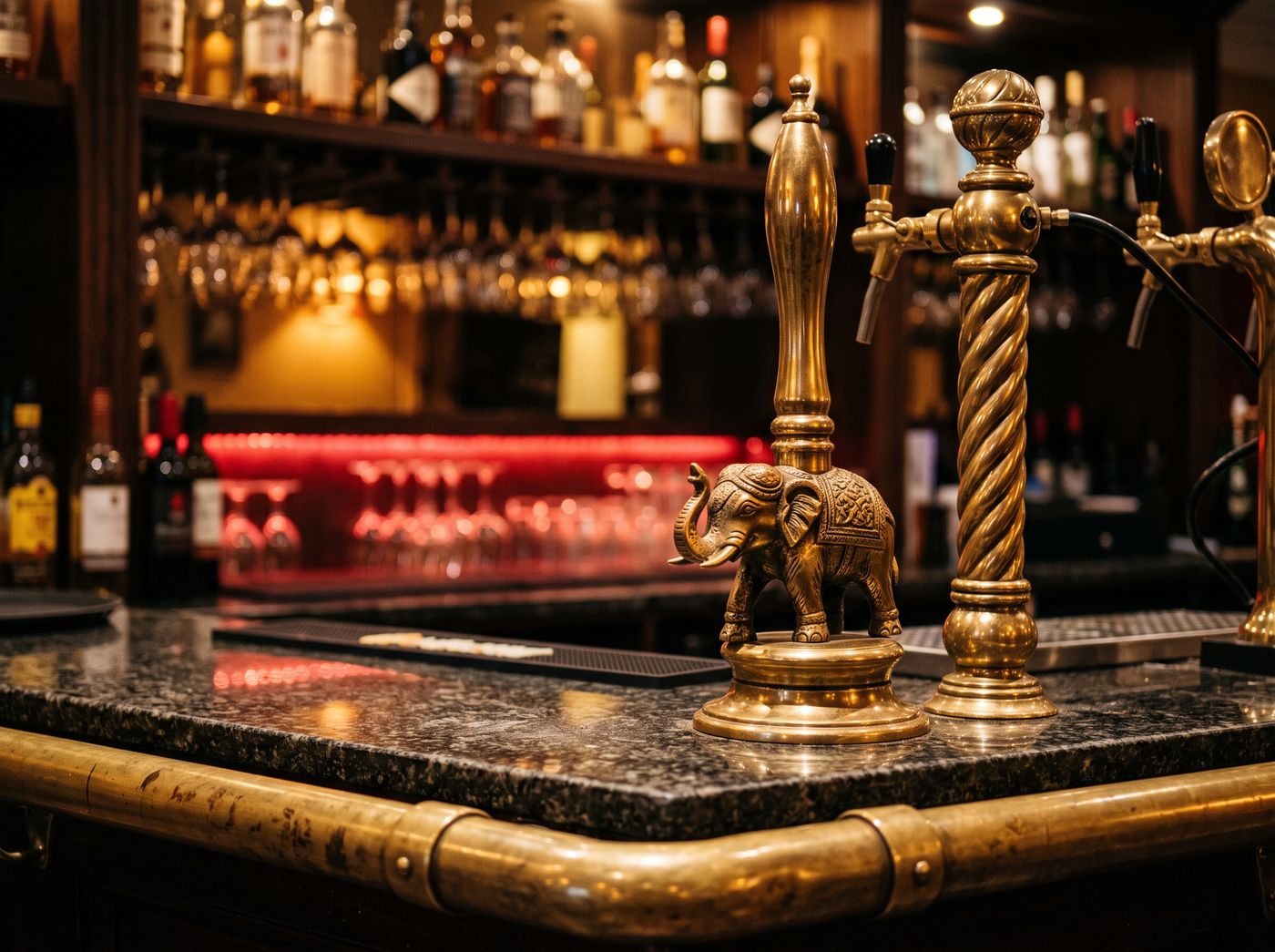 Brass beer taps and a cast elephant fitting on the bar at Buraq, Kirkham