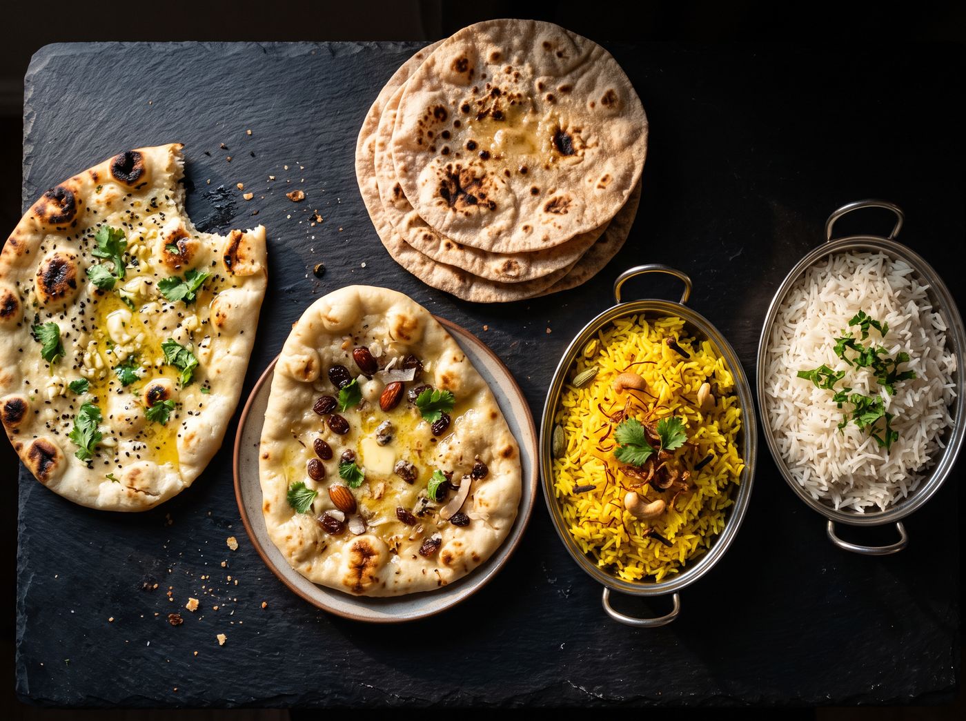 Naan breads, chapatis and saffron pilau rice at Buraq, Kirkham