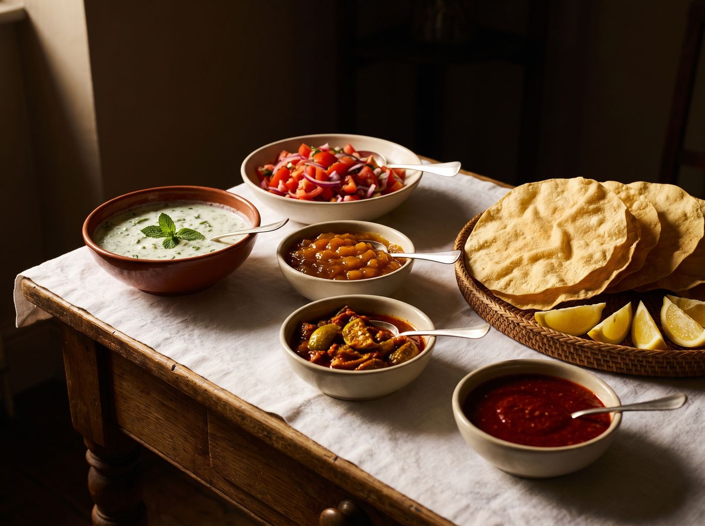Poppadoms, raita, mango chutney and lime pickle on the buffet table at Buraq