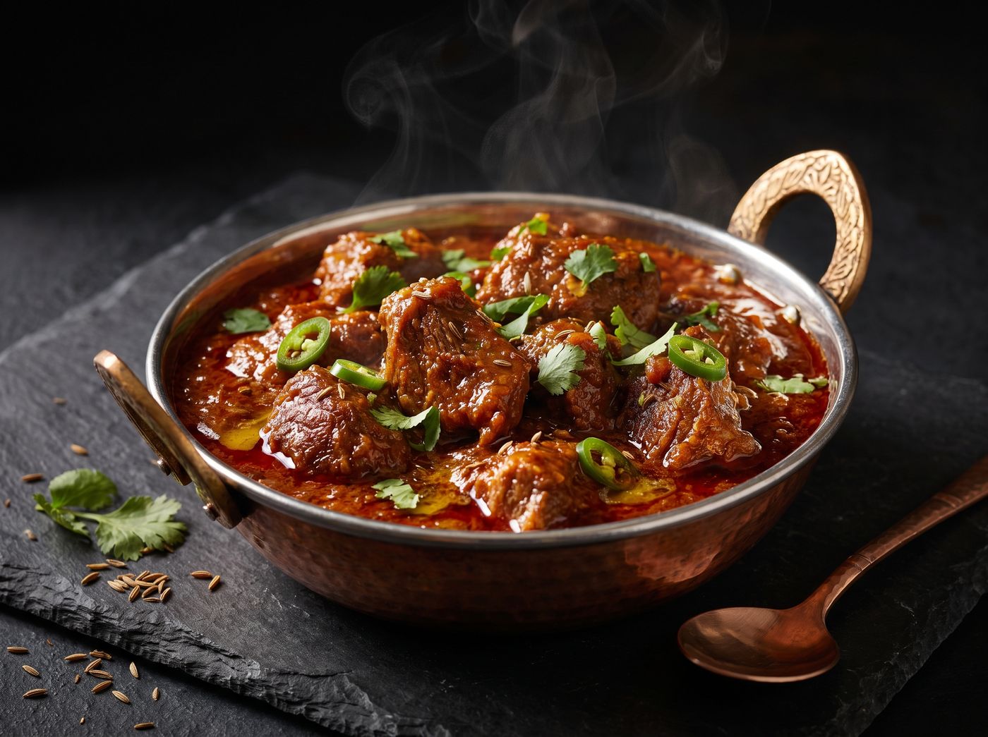 Lamb rogan josh in a copper karahi at Buraq, Kirkham