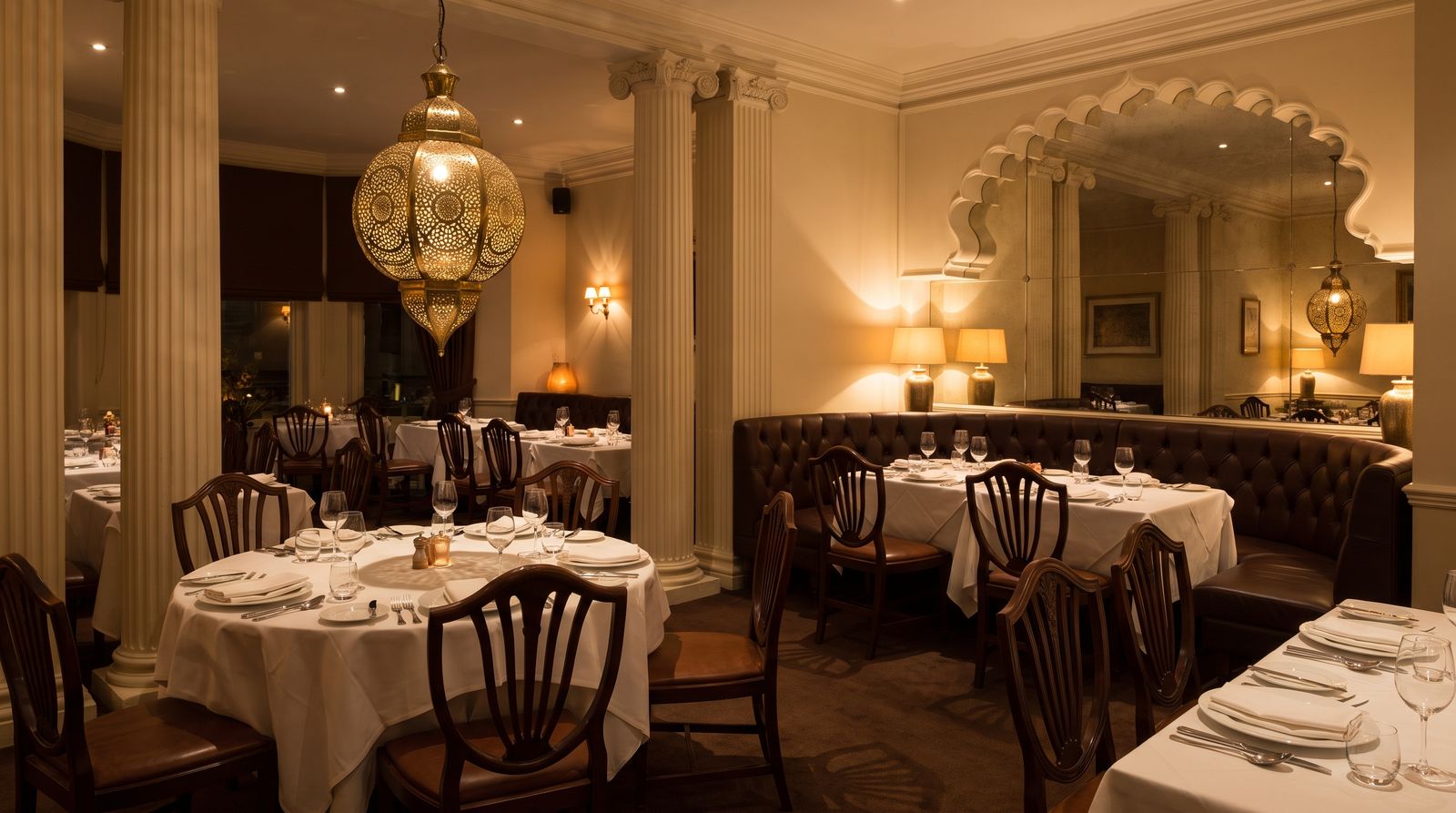 The dining room at Buraq Indian Restaurant, Kirkham, laid for evening service