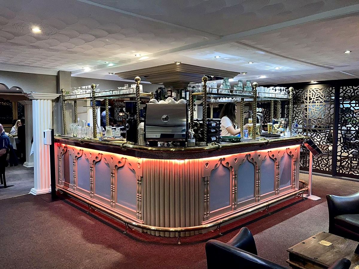 The illuminated bar inside Buraq Indian Restaurant, Kirkham