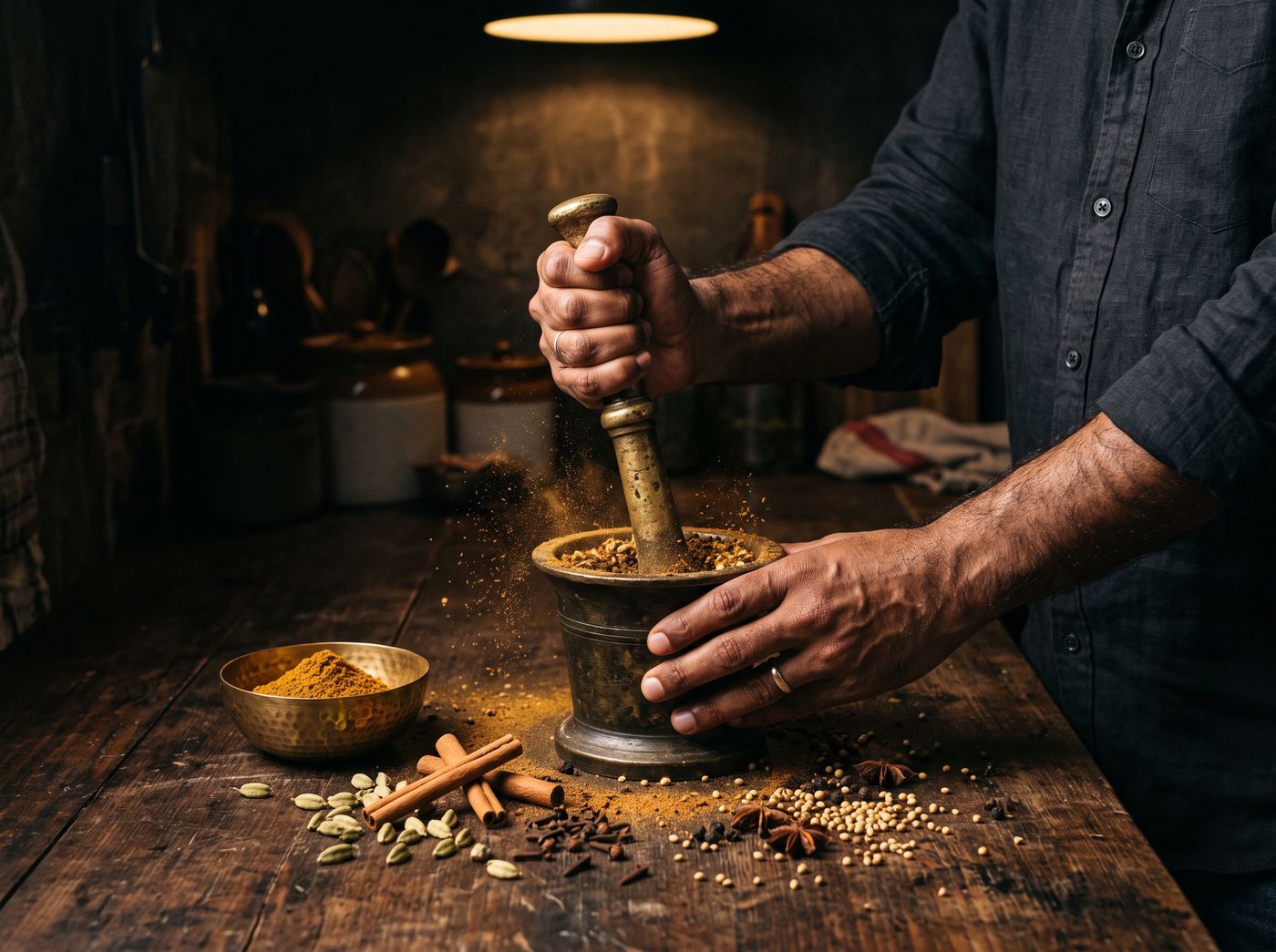 Whole spices being ground by hand in a brass pestle and mortar at Buraq, Kirkham