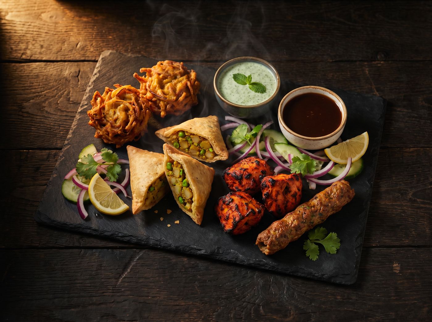 A mixed starter platter of onion bhaji, samosa, chicken tikka and seekh kebab at Buraq, Kirkham