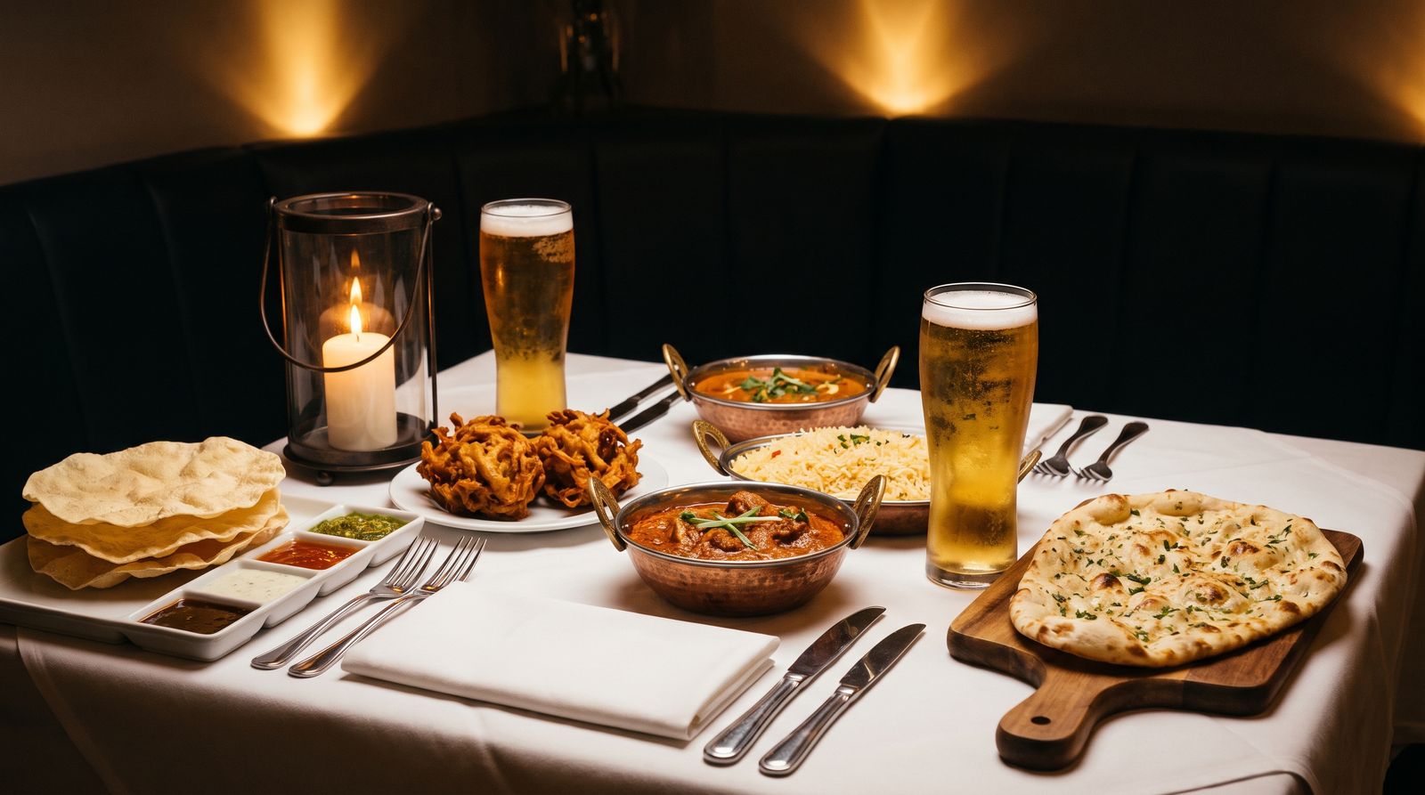 A table laid for two with poppadoms, curries, rice and naan at Buraq, Kirkham